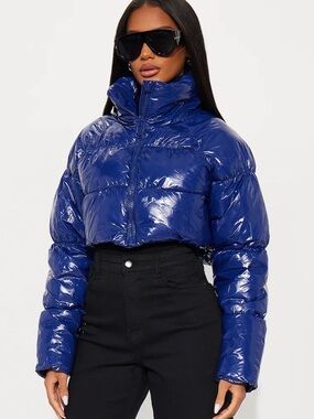 Cropped High-Shine Puffer Jacket - Blue